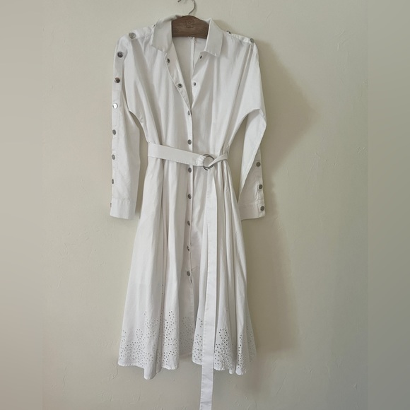 Maje White Shirtdress with Eyelet trim. Three quarter sleeve with colar. - Picture 5 of 6